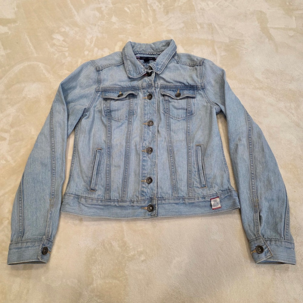 Tommy Hilfiger Womens Denim Trucker Jacket Light Wash Jean Coat Blue Medium Y2K